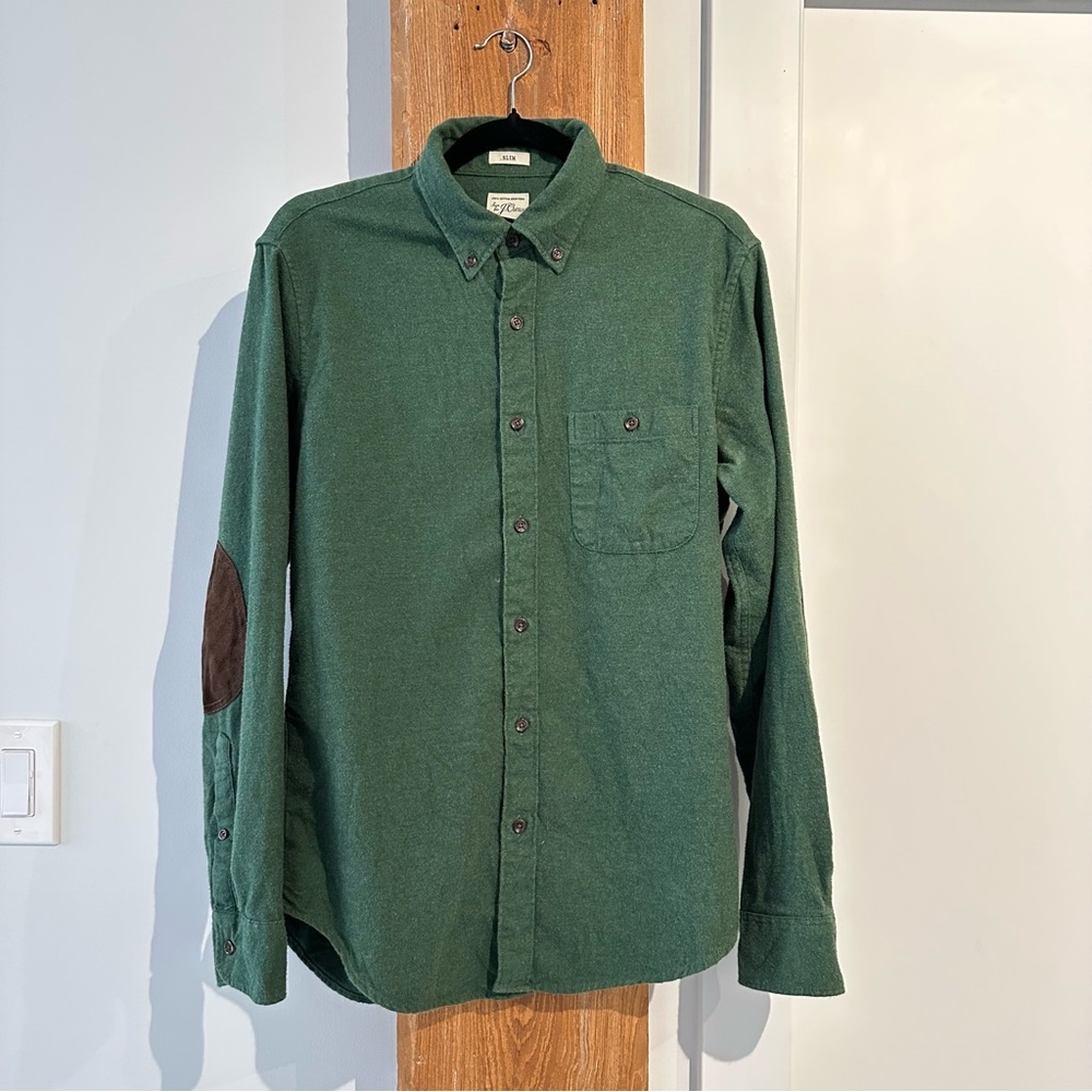 J. Crew Lightweight Flannel Shirt with Suede Elbow Patches - Green/Brown
